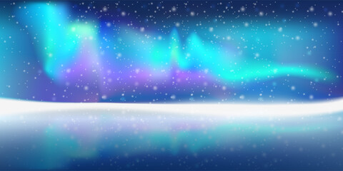 Night in the north forest with snowfall and beautiful aurora reflecting on the frozen lake, winter background illustration