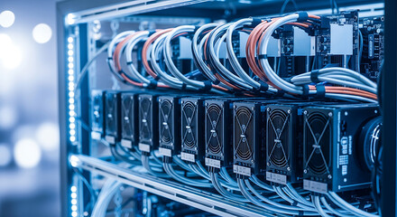 Close-up of a server rack filled with computer components and wiring.