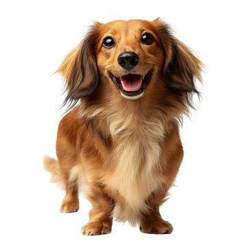 Long-haired Dachshund dog smiling and  friendly expression and  standing pose with visible coat texture and  isolated white background Batch  realistic clean bright simple modern stock image isolated 