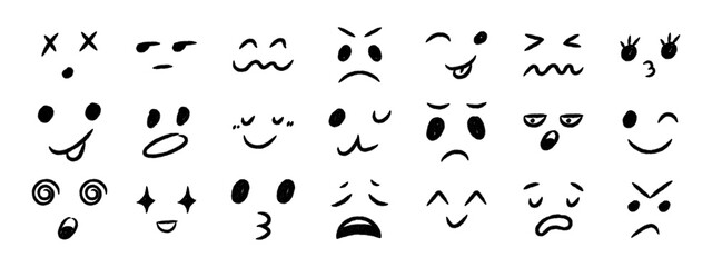 Crayon doodle emoji faces set. Hand drawn cartoon emoticons with various happy, sad, and funny expressions.