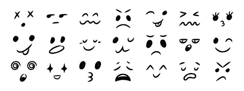 Crayon doodle emoji faces set. Hand drawn cartoon emoticons with various happy, sad, and funny expressions.