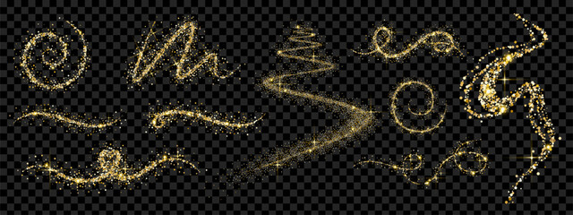 Festive gold glitter dust and stardust swirls. Vector design elements with magical sparkles for New Year and Christmas designs.