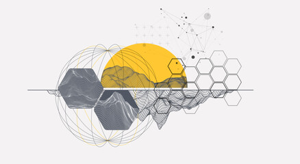 Abstract wireframe background. Modern science or technology art elements. Surface illustration inside circles