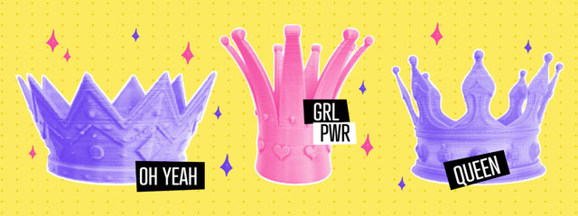 Colorful halftone crown collage set. Punk style elements with dotted texture and doodle shapes. Vector pop art illustration.