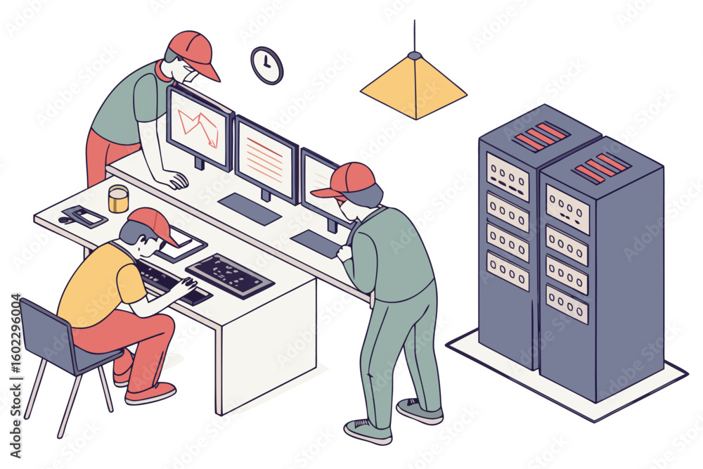 Poster group of professionals analyzing data on computer screens in a modern office environment during work