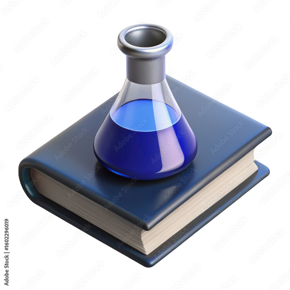 Poster 3d chemistry flask on open book isolated on transparent background