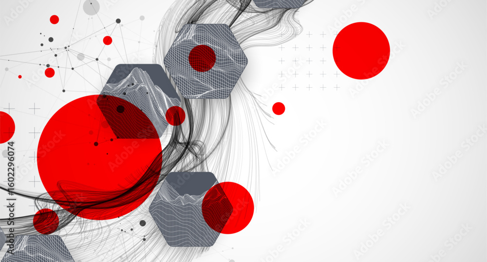 Poster scientific and technological background. wave with wireframe hexagons of different types on a gray g