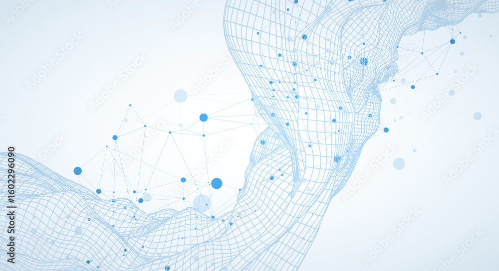 Poster Template for science or technology presentation. Plexus style background with wireframe wave.
