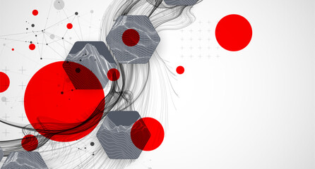 Scientific and technological background. Wave with wireframe  hexagons of different types on a gray gradient.