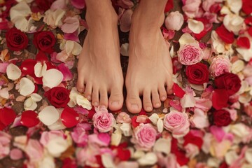 Two feet stand amidst a bed of rose petals in various shades of red pink and white