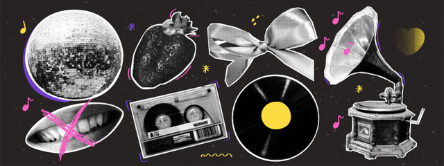 Halftone pop art collage set. Disco ball, strawberry, lip, cassette, bow and gramophone. Vibrant retro elements with dotted texture.