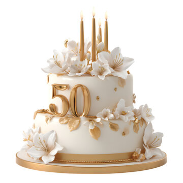 Luxurious 50th birthday cake with golden decorations and  clean fondant surface and  and tall candle arrangement and  isolated white background Batch  realistic clean bright simple modern stock image 