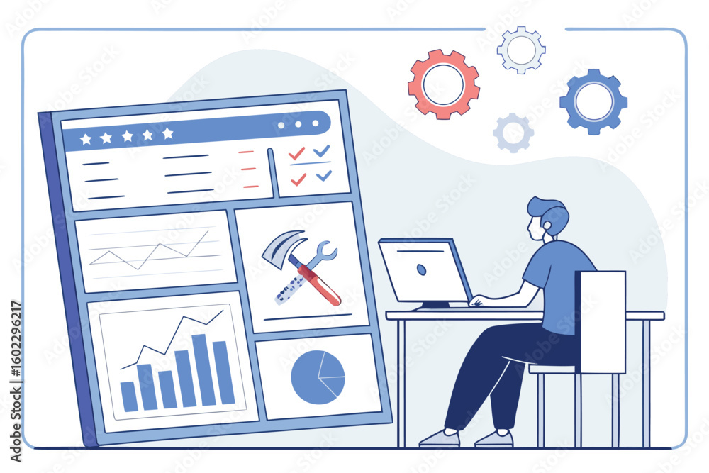 Poster digital workspace with a person analyzing data and using tools for technical tasks in a modern offic