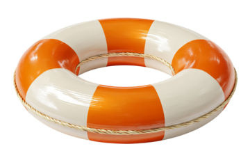 High‑resolution orange‑striped lifebuoy rescue ring isolated on transparent background PNG cutout — vibrant summer beach safety icon ideal for maritime signage, pool decor, water sports design
