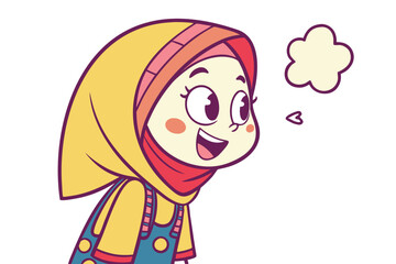 Obraz premium Young girl wearing a colorful hijab and overalls smiles joyfully while imagining something wonderful in a playful, animated style