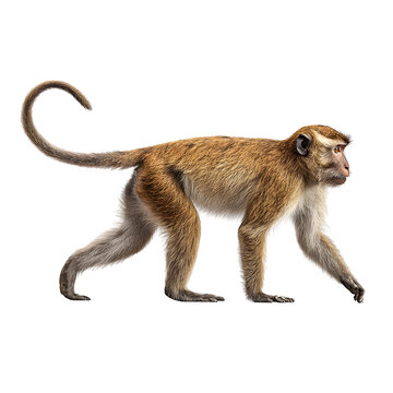 Macaque monkey walking with tail up and  side profile animal study and  realistic primate anatomy and  isolated white background Batch  realistic clean bright simple modern stock image isolated on pla