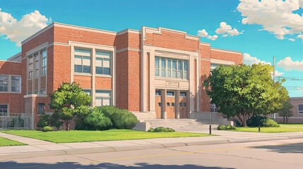 Colorful Modern Elementary School with Classrooms, Teachers, and Playground