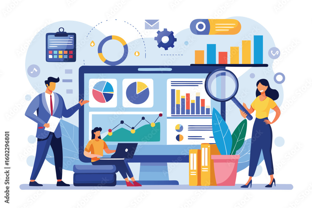 Poster business team analyzing data on a large screen with charts and graphs during a collaborative project