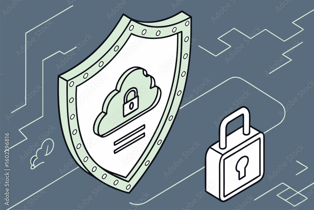 Poster cloud security illustration showing a shield and a padlock representing digital protection and priva
