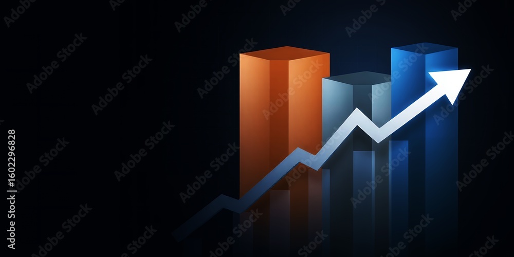 Poster 3d bar chart with ascending line graph and arrow indicating growth on dark background