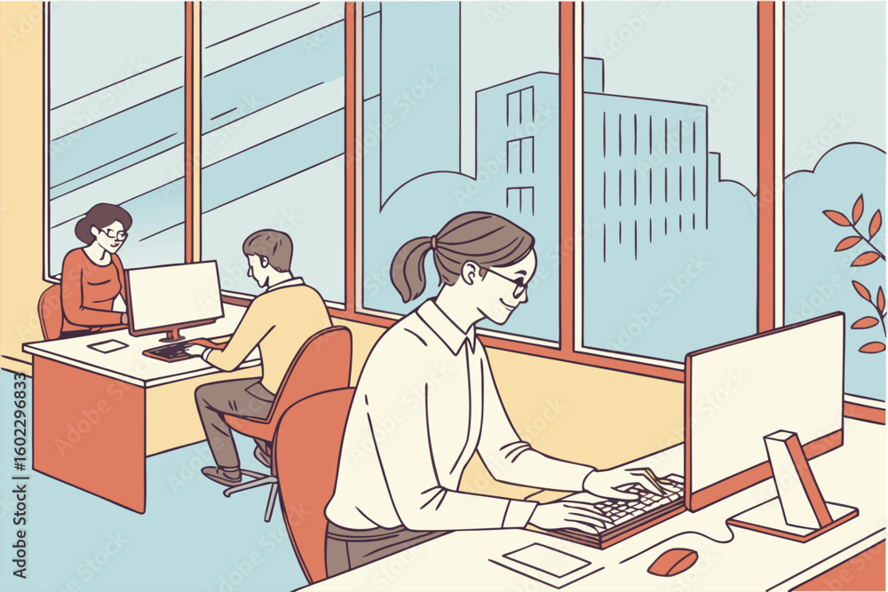 Poster office workers collaborating in a modern workspace with large windows showcasing an urban view durin