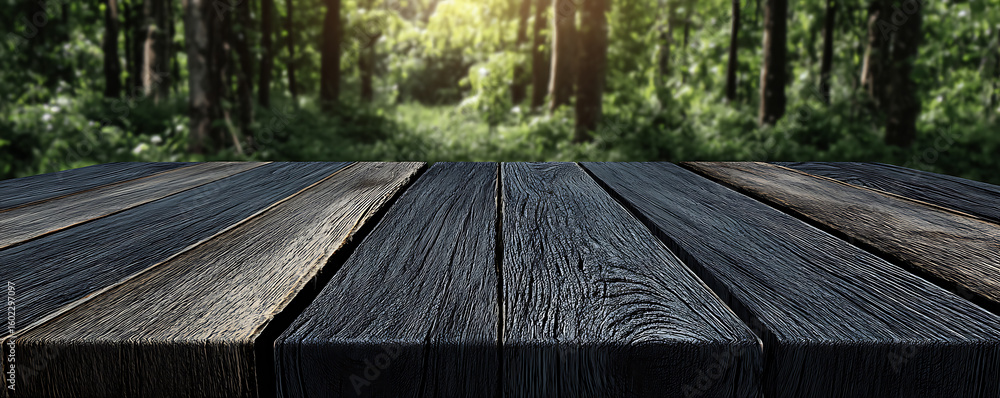 Poster rustic dark wooden planks create a foreground table surface against a blurred green forest backgroun