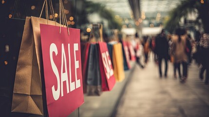 Shopping bags with "SALE" signage hang outside a store, blurred shoppers walk past in a bustling urban setting.  The image evokes a sense of retail activity and consumerism