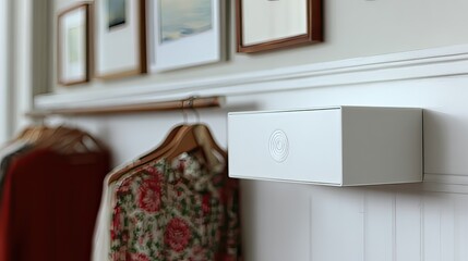 White box on wall, clothes hanging, gallery wall background, storage solution