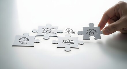 Hand connecting the final puzzle piece with business icons, symbolizing a complete solution and strategic teamwork.