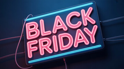 Black Friday neon sign with pink letters and blue border on dark background