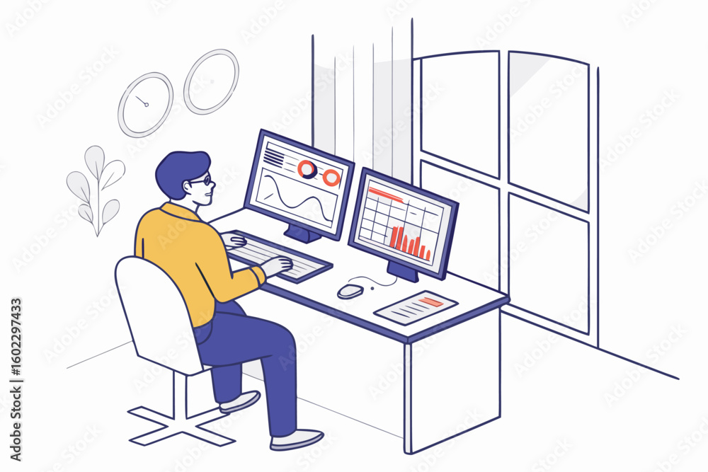 Poster professional working at a desk with dual monitors analyzing data and charts in a bright office envir