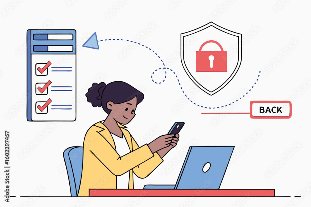 Poster individual using smartphone while ensuring online security at workspace with computer and checklist 