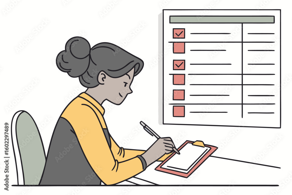 Poster person writing notes while checking off a list in a workspace with an organized checklist displayed 