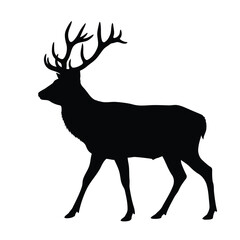 Silhouette of a male deer, a stag  featuring prominent, branching antlers. 