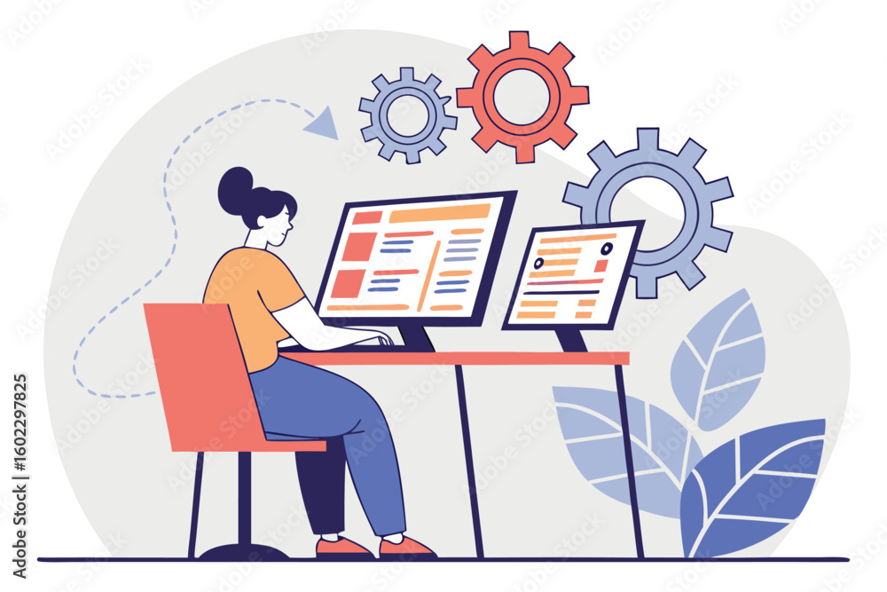 Poster person working on dual monitors in a modern workspace setting with gears symbolizing productivity an