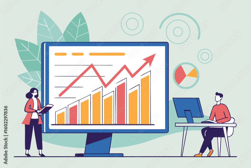 Poster business professionals analyzing financial data trends with a computer and large screen display in a