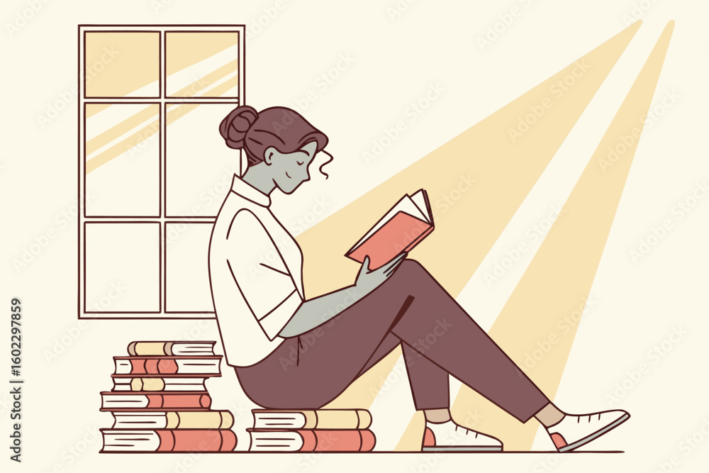 Poster woman reading a book while sitting on a stack of books by a window with sunlight streaming in during