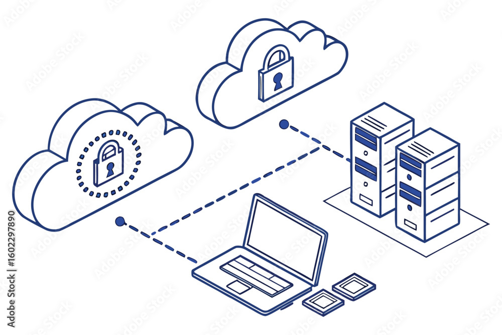 Aufkleber secure cloud computing architecture showcasing encrypted connections between a laptop and data stora