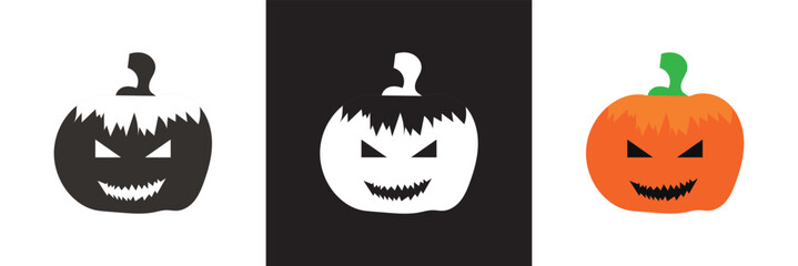 Cute and scary Happy Halloween pumpkins icon.  Orange, white  and black pumpkins with a creepy spooky Halloween smile icon. Vector for websites, mobile interfaces, presentations ,  logo etc. 
