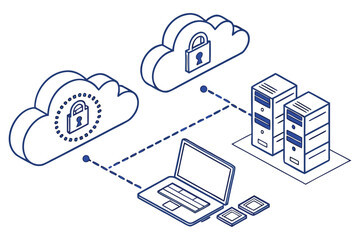 Secure cloud computing architecture showcasing encrypted connections between a laptop and data storage servers