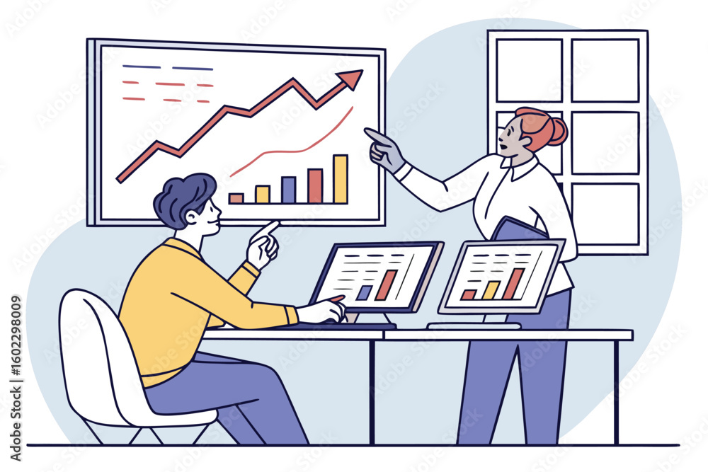 Poster business team discussing growth trends in an office setting with charts on display during a work mee