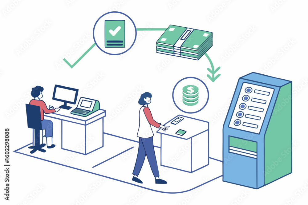 Aufkleber person using an atm after verifying account details while another individual works on a computer in 
