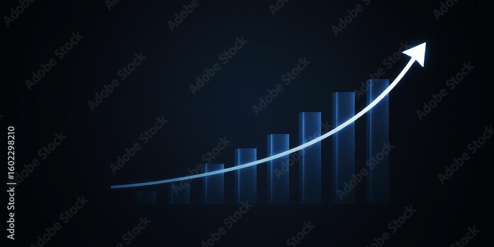 Poster blue digital graph showing upward trend with bar chart and arrow on dark background