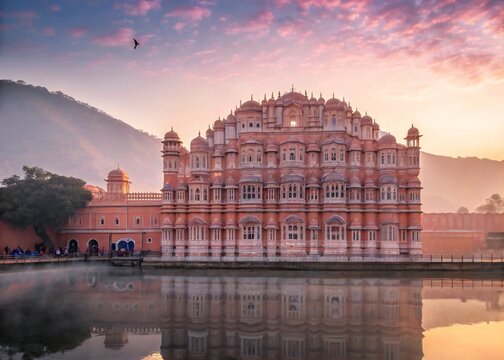 Iconic hawa mahal palace reflected in water at sunrise jaipur india
