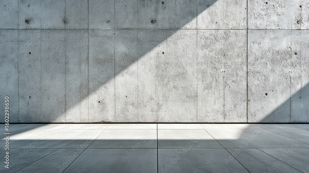 Poster concrete wall with diagonal light casting shadows on floor, creating minimalist and modern architect