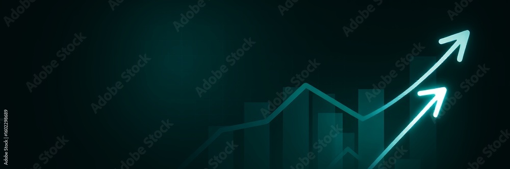Poster teal arrows ascend over a dark background with glowing bar graph elements