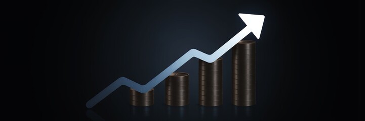A blue arrow graphically ascends over stacks of coins indicating financial growth and progress