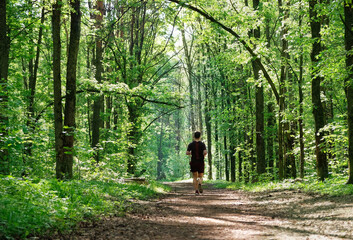 man running on path in park or forest, abstract nature background. summer season environment scenery. Active leisure outdoor in woodland. Daily active lifestyle. Back view