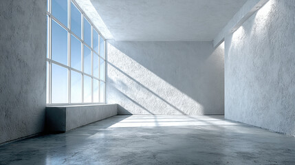 Obraz premium Spacious, minimalist room with large windows allowing natural light to flood in, casting shadows on concrete floor