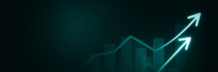 Fototapeta premium Teal arrows ascend over a dark background with glowing bar graph elements